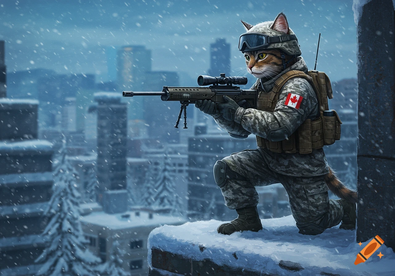 A cat soldier in camouflage gear and goggles kneels on a snowy rooftop, aiming a sniper rifle. It has a Canadian flag patch.