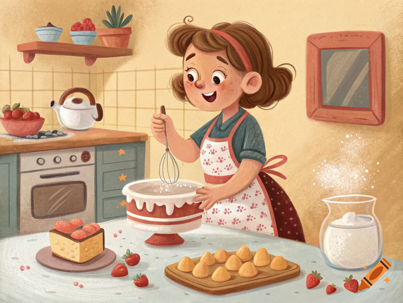 Cartoon illustration of a young girl baking a cake in a kitchen. on Craiyon