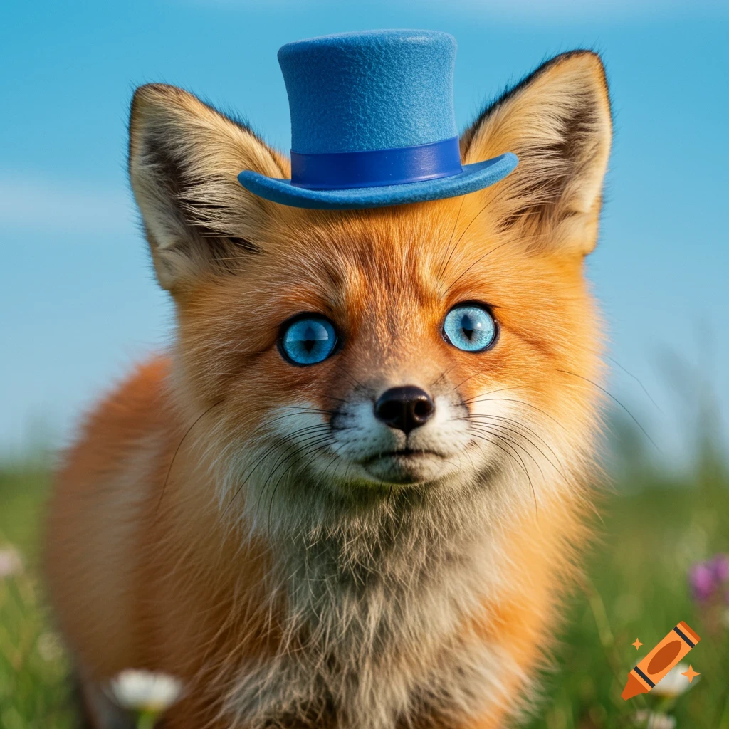 Photorealistic portrait of a cute fox wearing a blue top hat in a grassy field under a clear blue sky.
