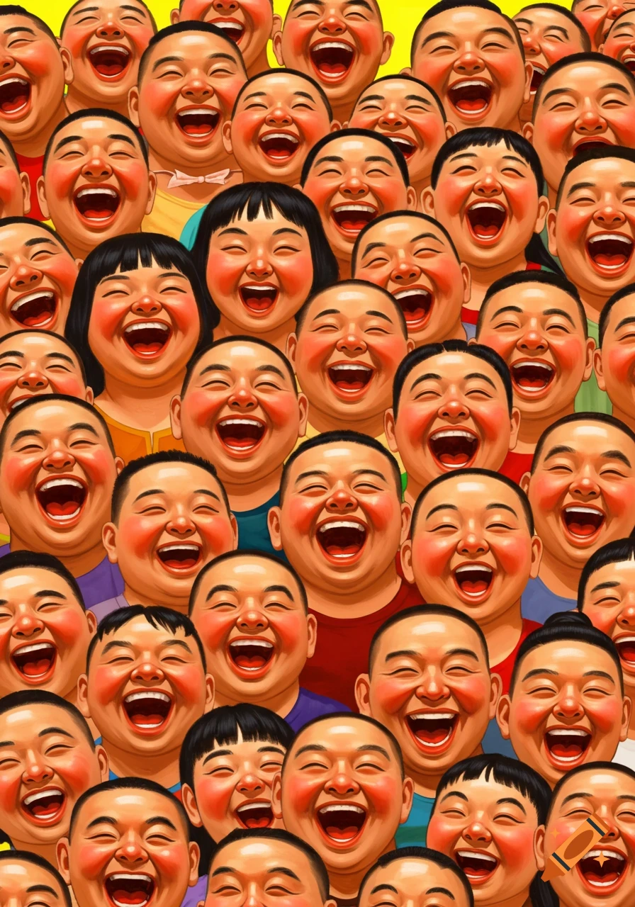 A crowd of diverse faces laughing joyfully.