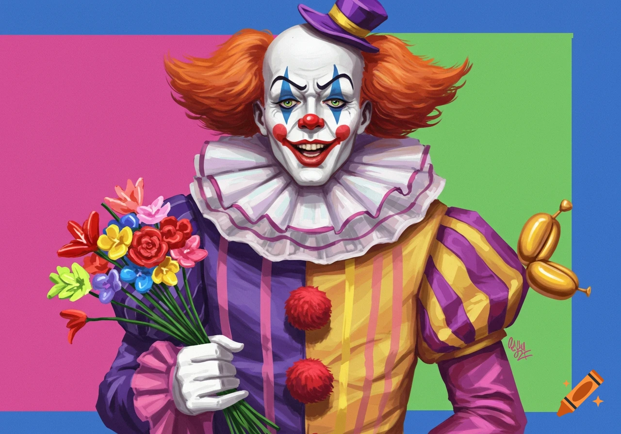 A clown holding flowers and a balloon dog.