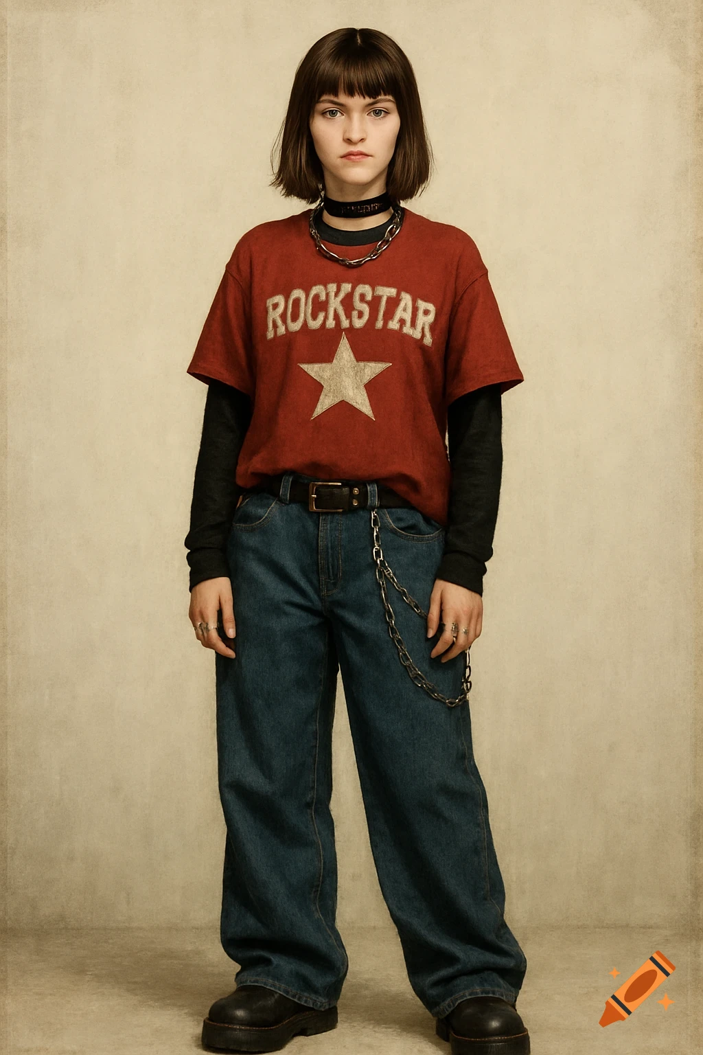 Young woman in baggy jeans and rockstar t-shirt with chains and rings.
