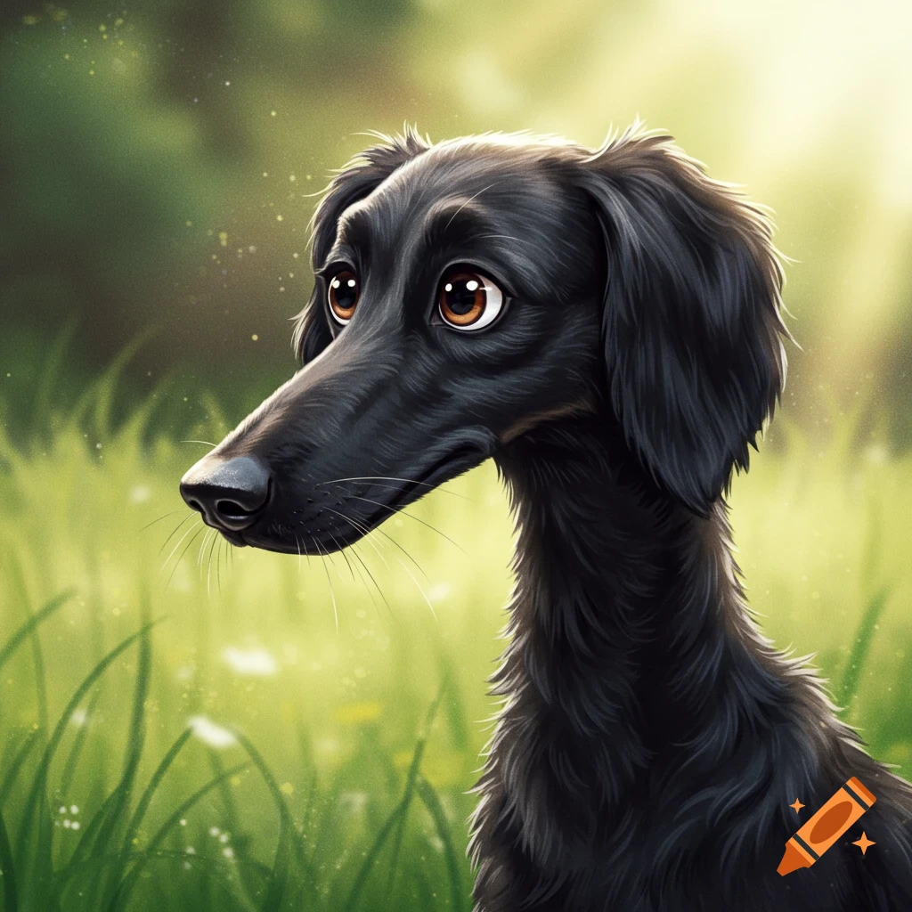 A cute black dog with a long neck.