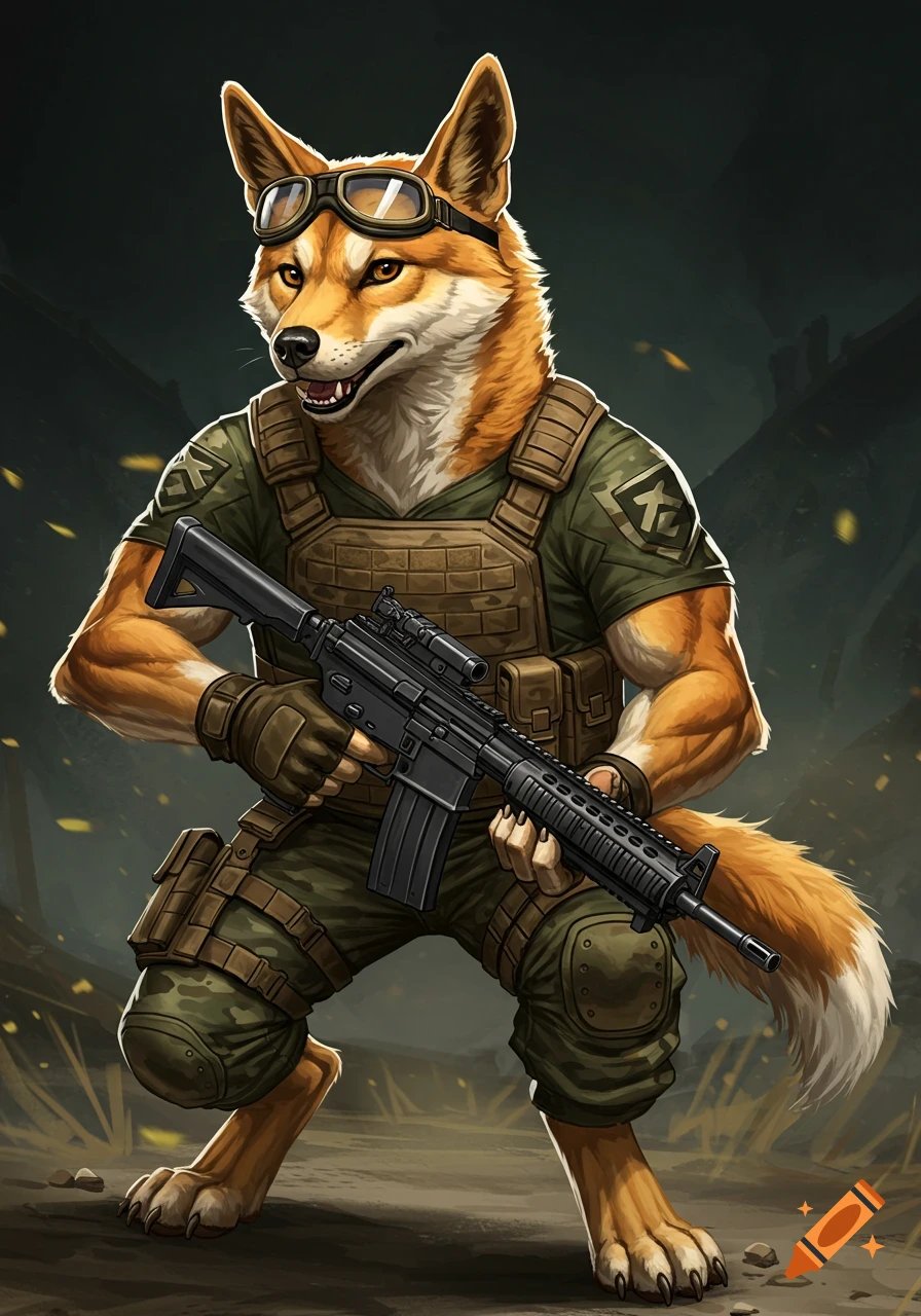 Painting of an anthropomorphic dingo in tactical gear holding a rifle.