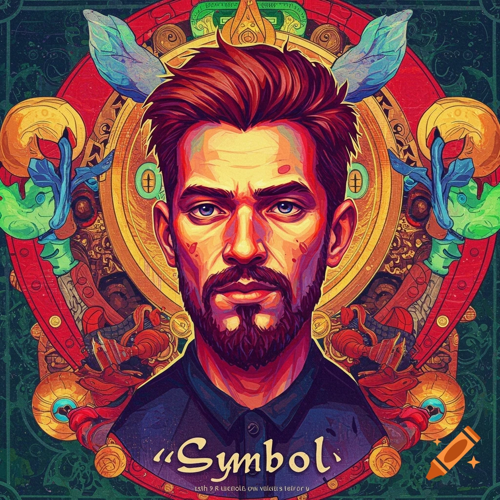 A portrait of a man with a beard over a decorative circular symbol design.