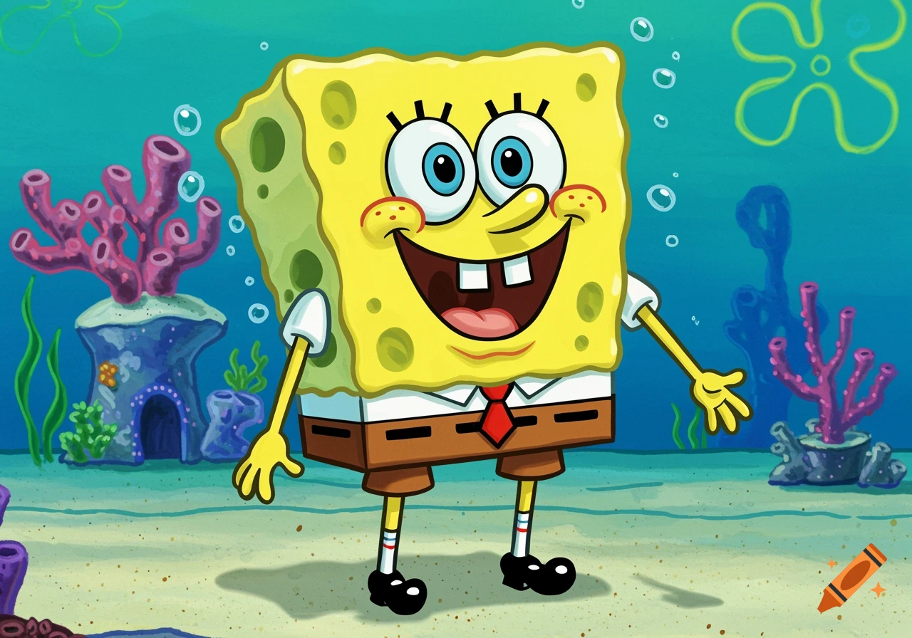 Spongebob Squarepants smiling widely underwater in Bikini Bottom.