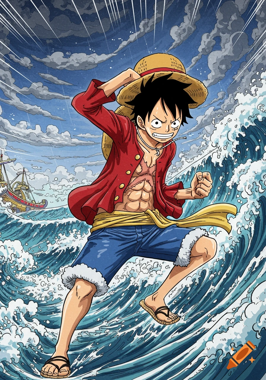 Anime style illustration of Luffy in a red shirt and blue shorts, mid-jump on a large wave with a ship in the background.