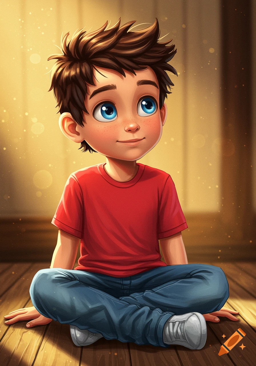 Illustration of a young boy with blue eyes sitting cross-legged on a wooden floor, in a children's book style.