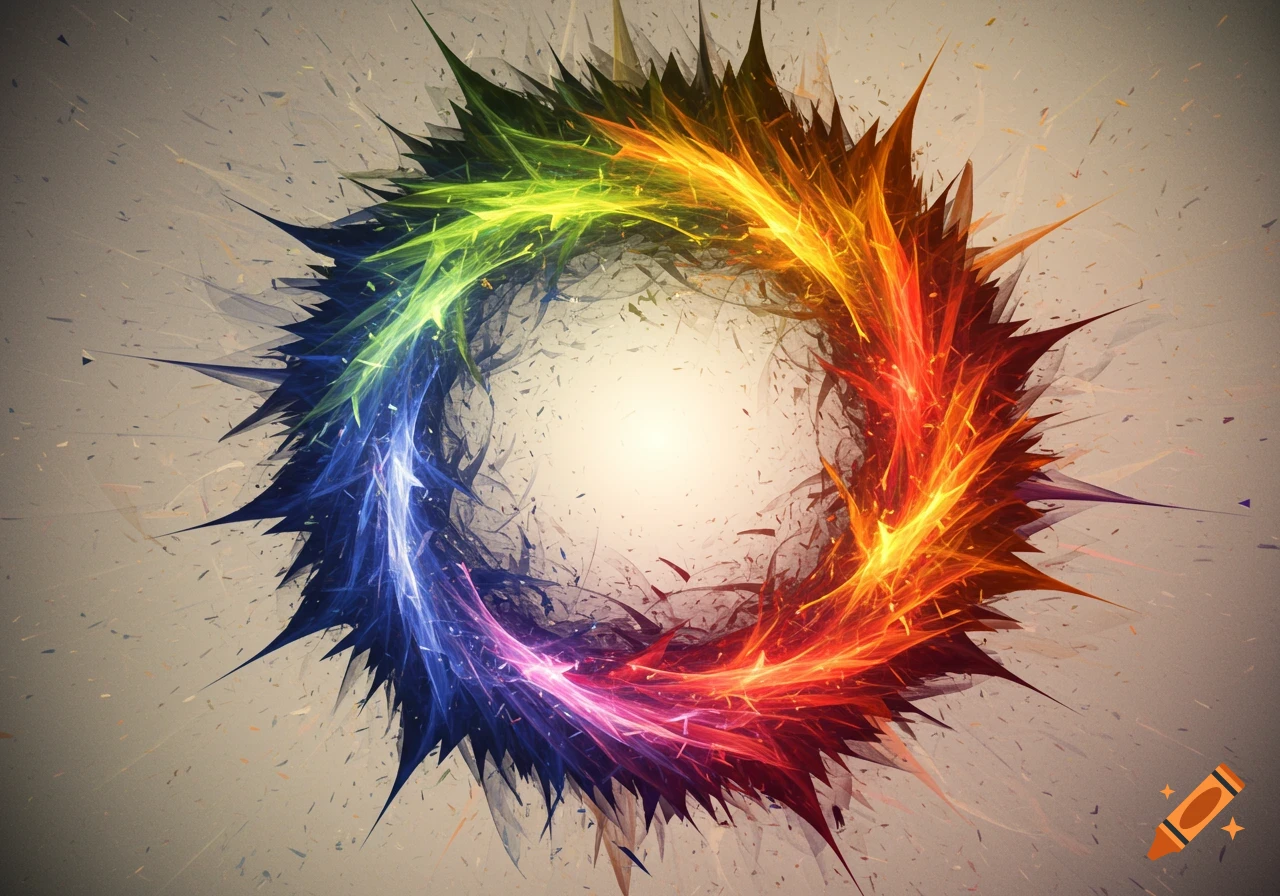 An abstract image of a spiky ring transitioning through the colors of the spectrum, from warm tones on the right to cool tones on the left.