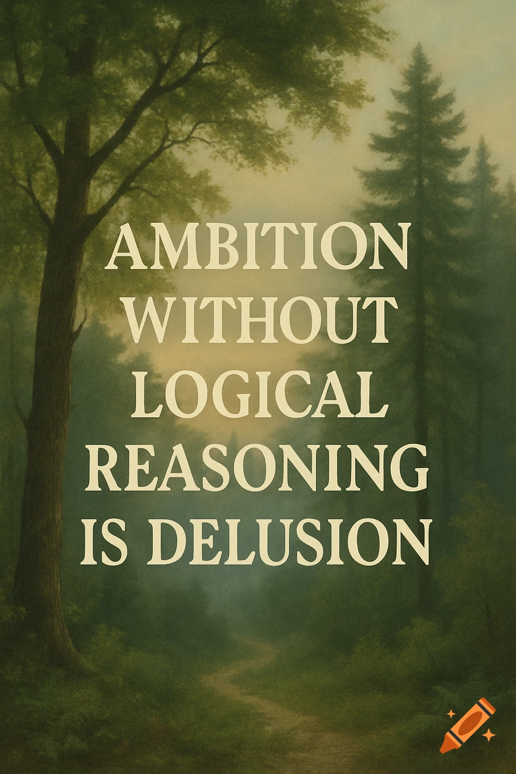 A forest scene with a large tree and a path, overlaid with the text "AMBITION WITHOUT LOGICAL REASONING IS DELUSION".