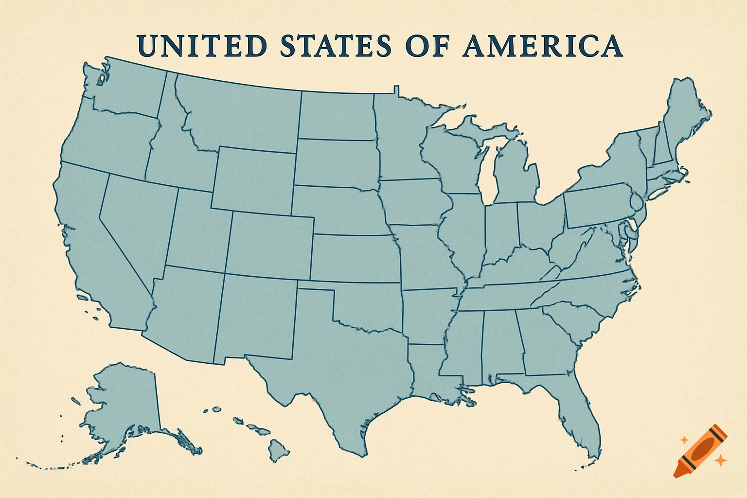A simple map of the United States of America with state lines.