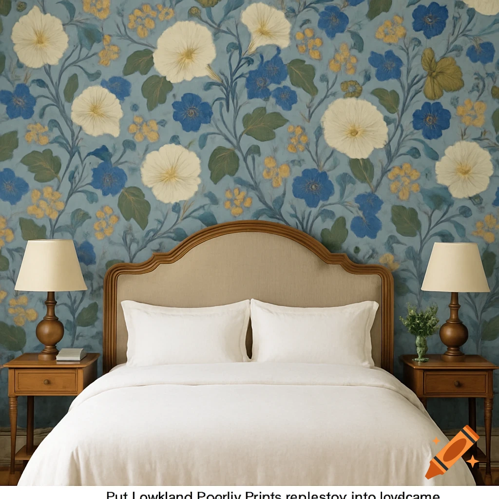 A bedroom with a bed, nightstands, and lamps against a blue floral wallpaper.