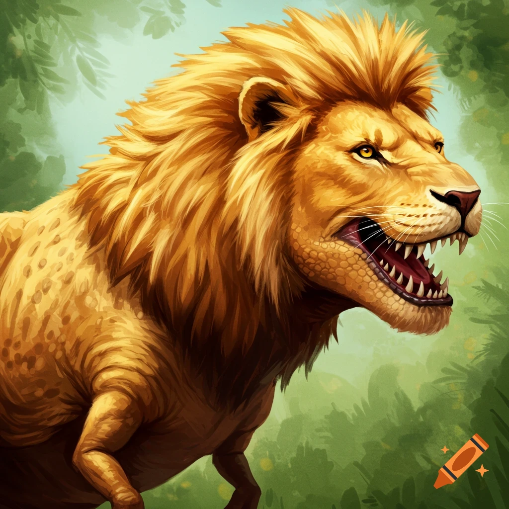 A roaring lion-like creature with reptile skin around its mouth, against a green background.