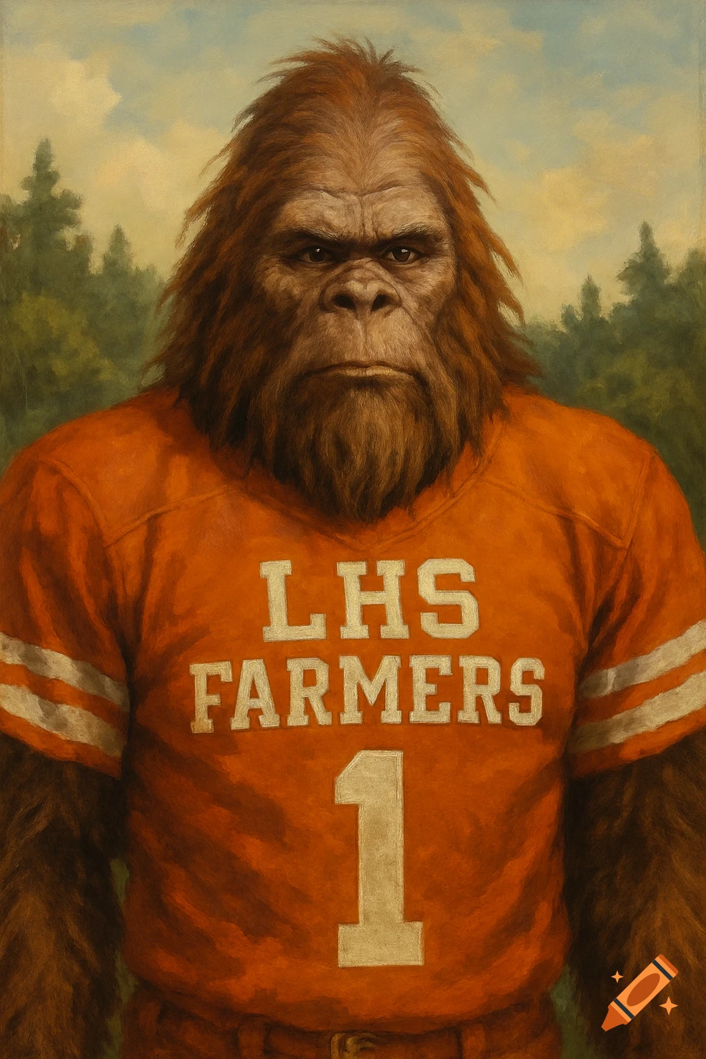 Bigfoot wearing an orange football jersey that says "LHS FARMERS 1".