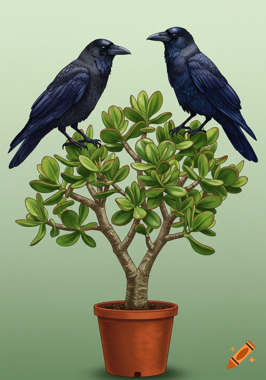 Two black crows perched on a jade plant in a pot.