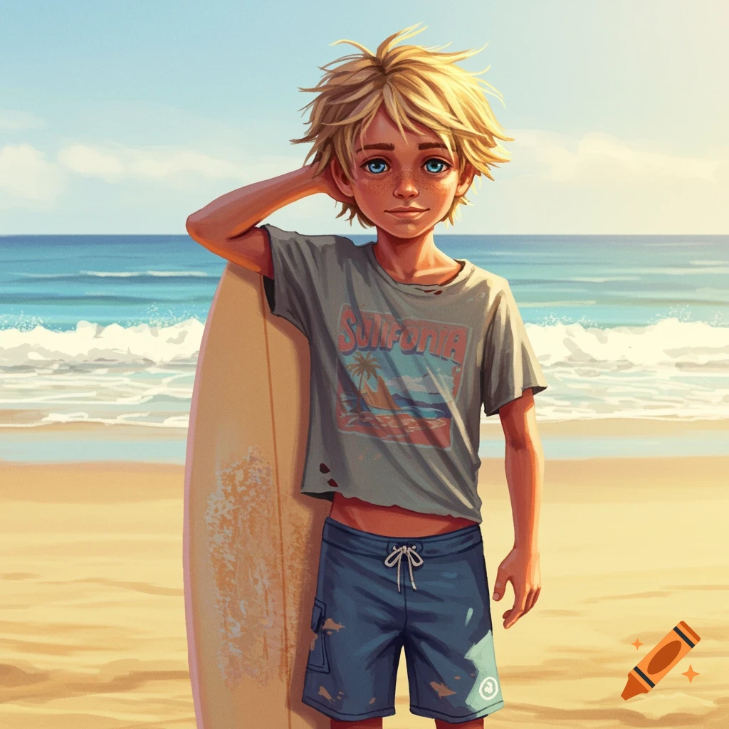 A surfer boy with his surfboard on a beach.
