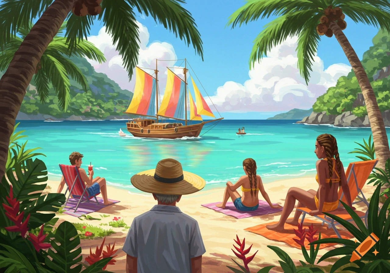 People relaxing on a tropical beach with a sailboat in the ocean