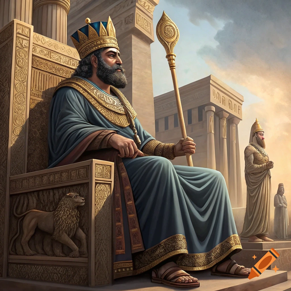 King Hammurabi on a throne in ancient Babylon.