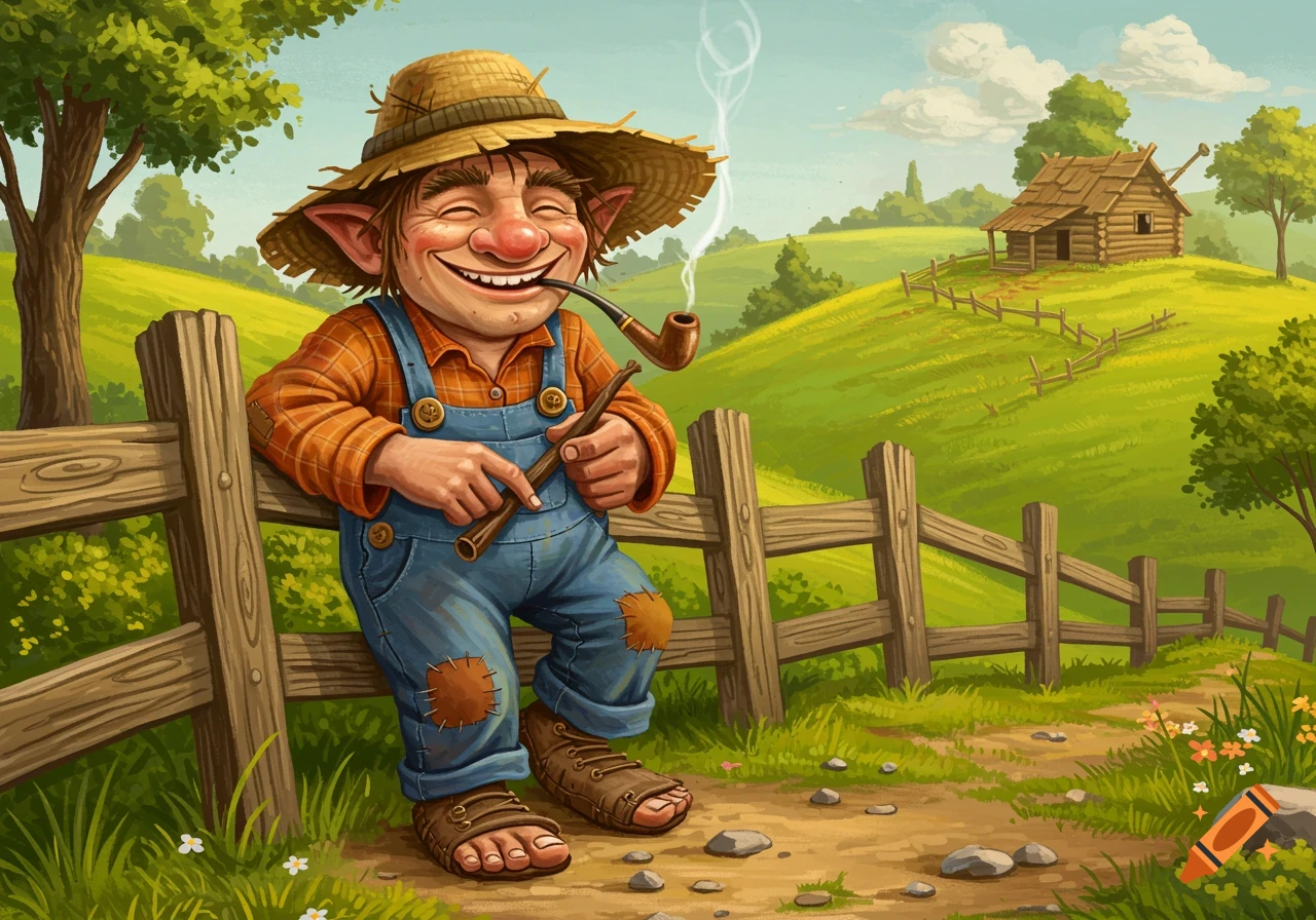 Whimsical folk art of a creature leaning on a fence, smoking a pipe, with rolling hills and a cabin in the background.
