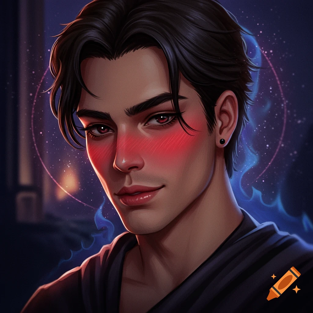 Portrait of a young man with red eyes and prominent blush against a dark, magical background.