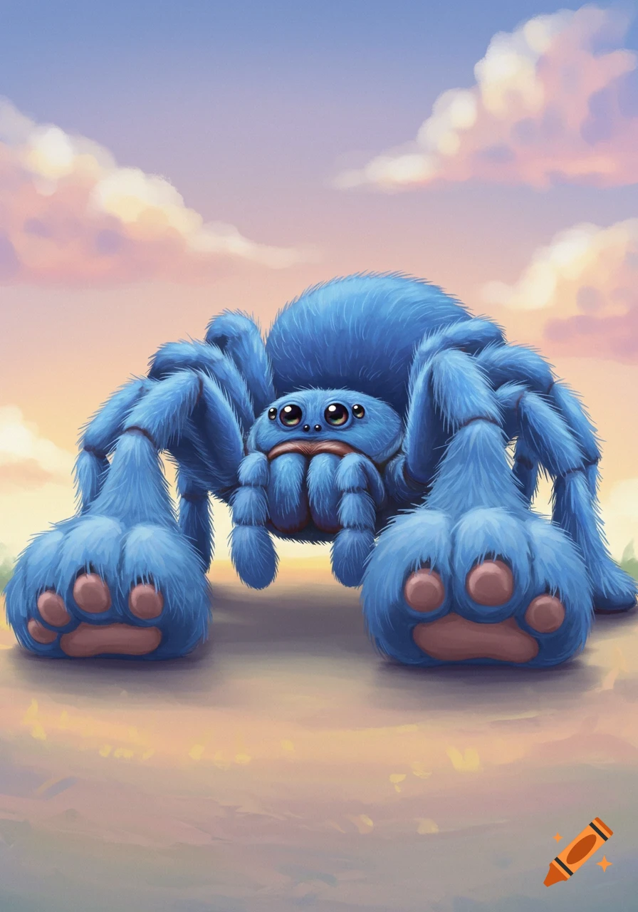 A fluffy blue spider with large paws outdoors.