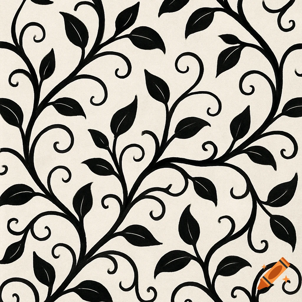 Black and white pattern of swirling vines and leaves.