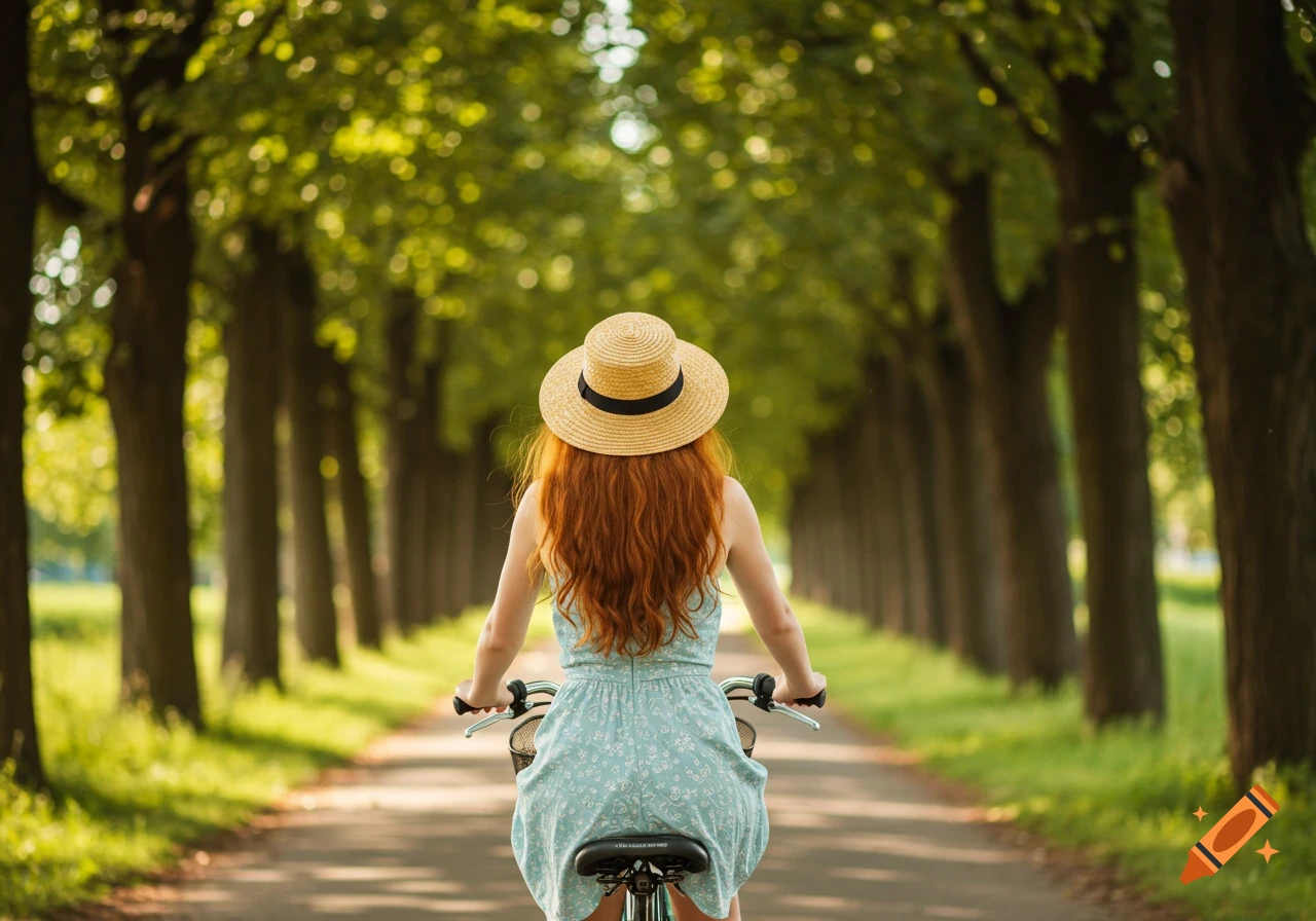 A woman with red hair rides a bicycle away down a sun-dappled tree-lined path, seen from behind.