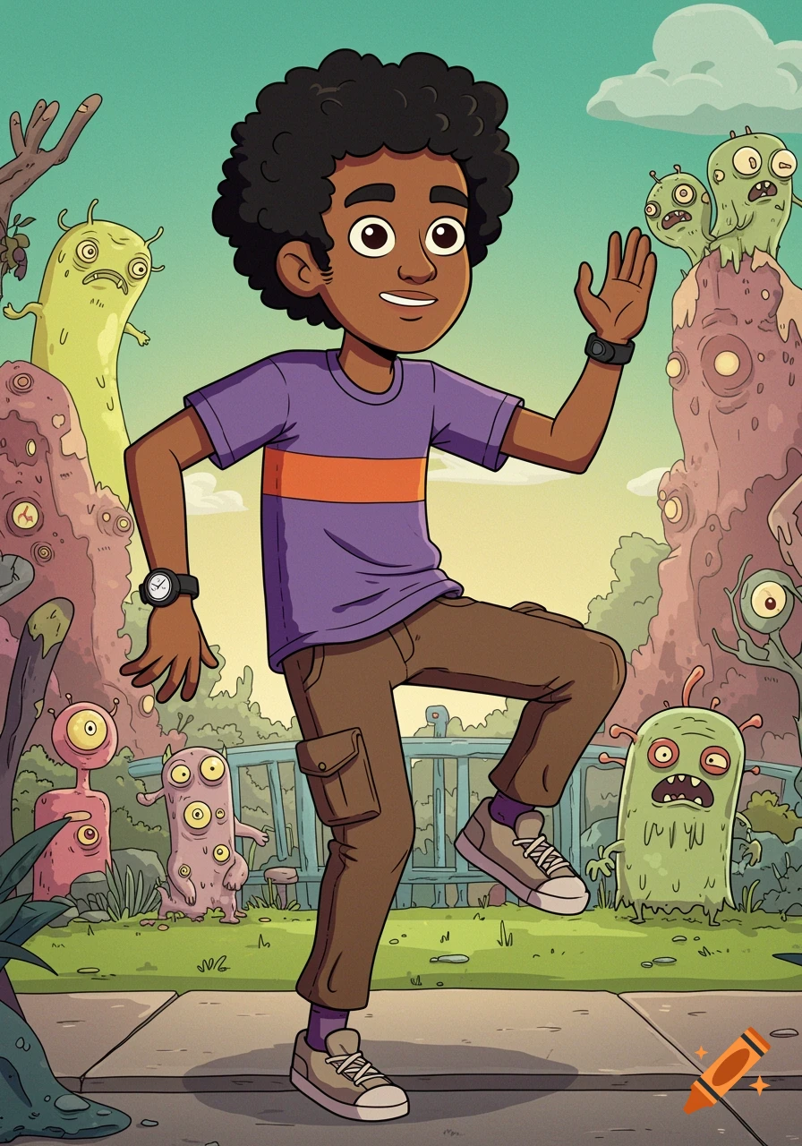 Cartoon boy walking in a park with colorful stylized monsters.