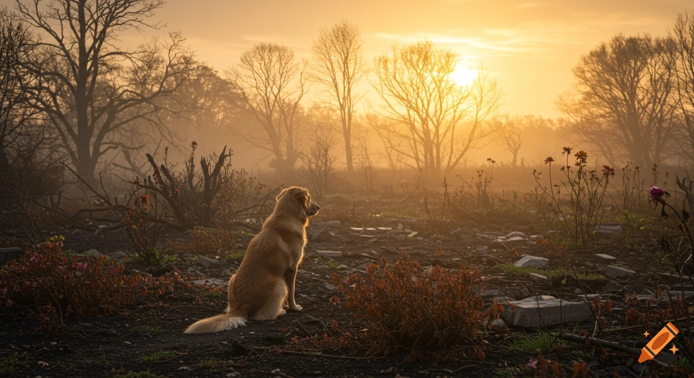 A golden retriever sits on rubble in a ruined landscape watching a golden sunrise.