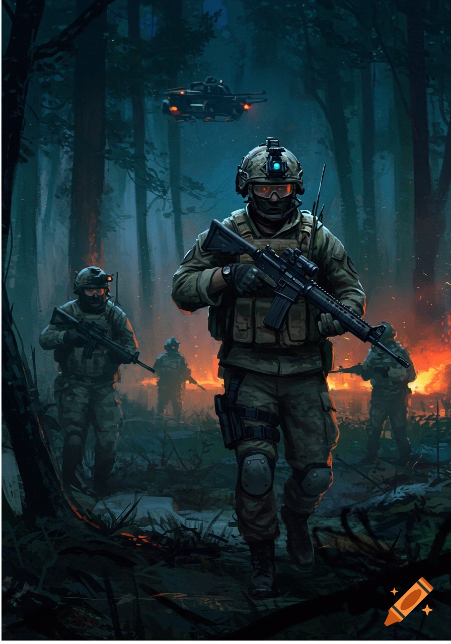 Soldiers advance through a dark forest at night. A drone is above them, and explosions are behind them.