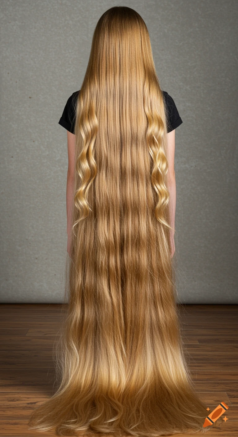 A person stands with their back to the camera, showing off their extraordinarily long, wavy blonde hair that reaches the floor.