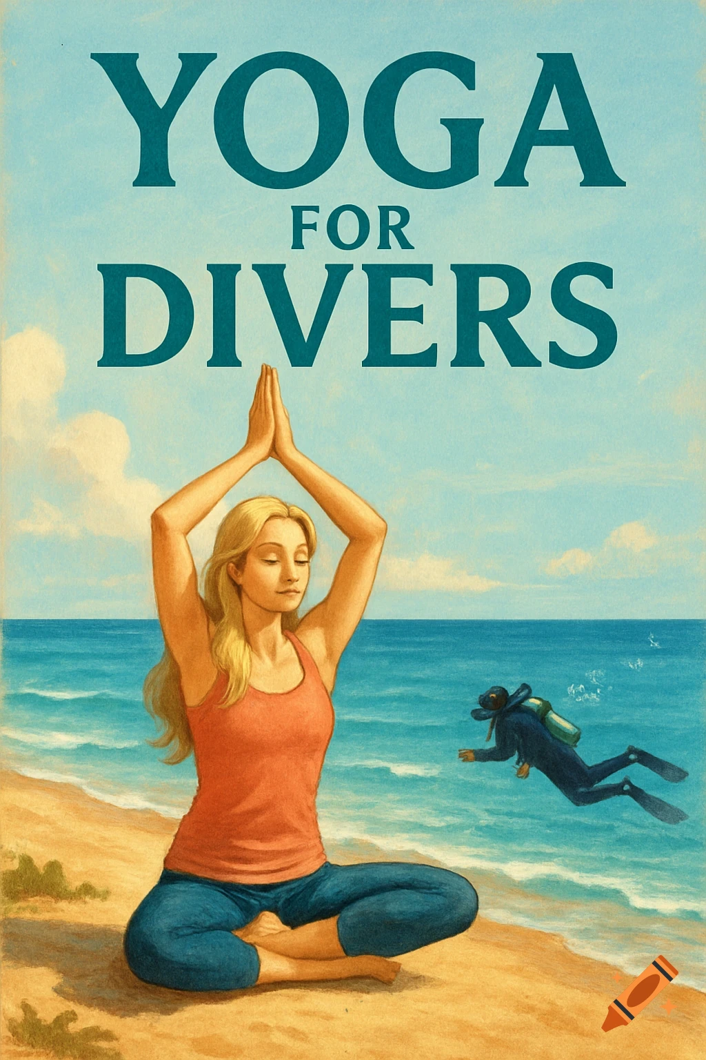 A woman is doing yoga on a beach with a diver in the water and text 'YOGA FOR DIVERS'.