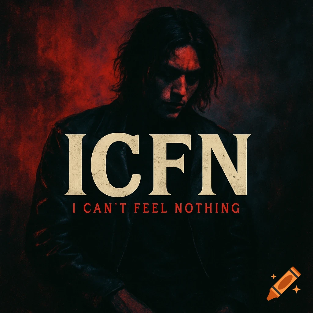 A dark image of a man in shadow with red lighting. Text says 'ICFN' and 'I CAN'T FEEL NOTHING'.
