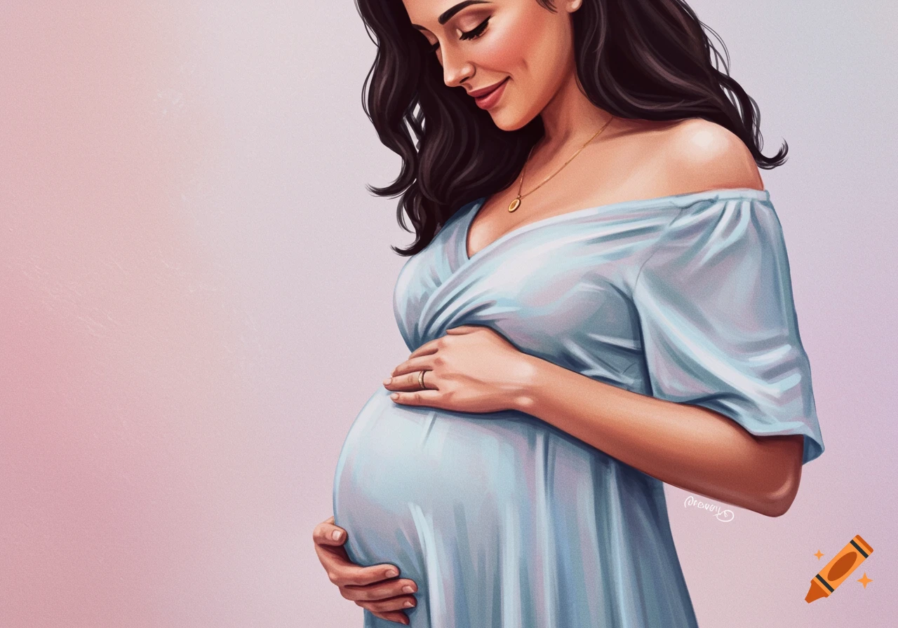 A pregnant woman in a blue dress holds her belly and smiles.