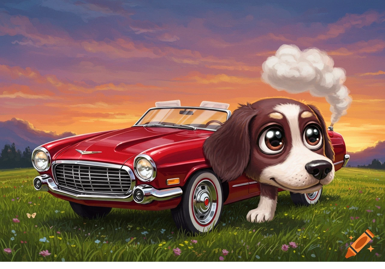 A cartoon dog pops out of a red classic convertible in a field at sunset.
