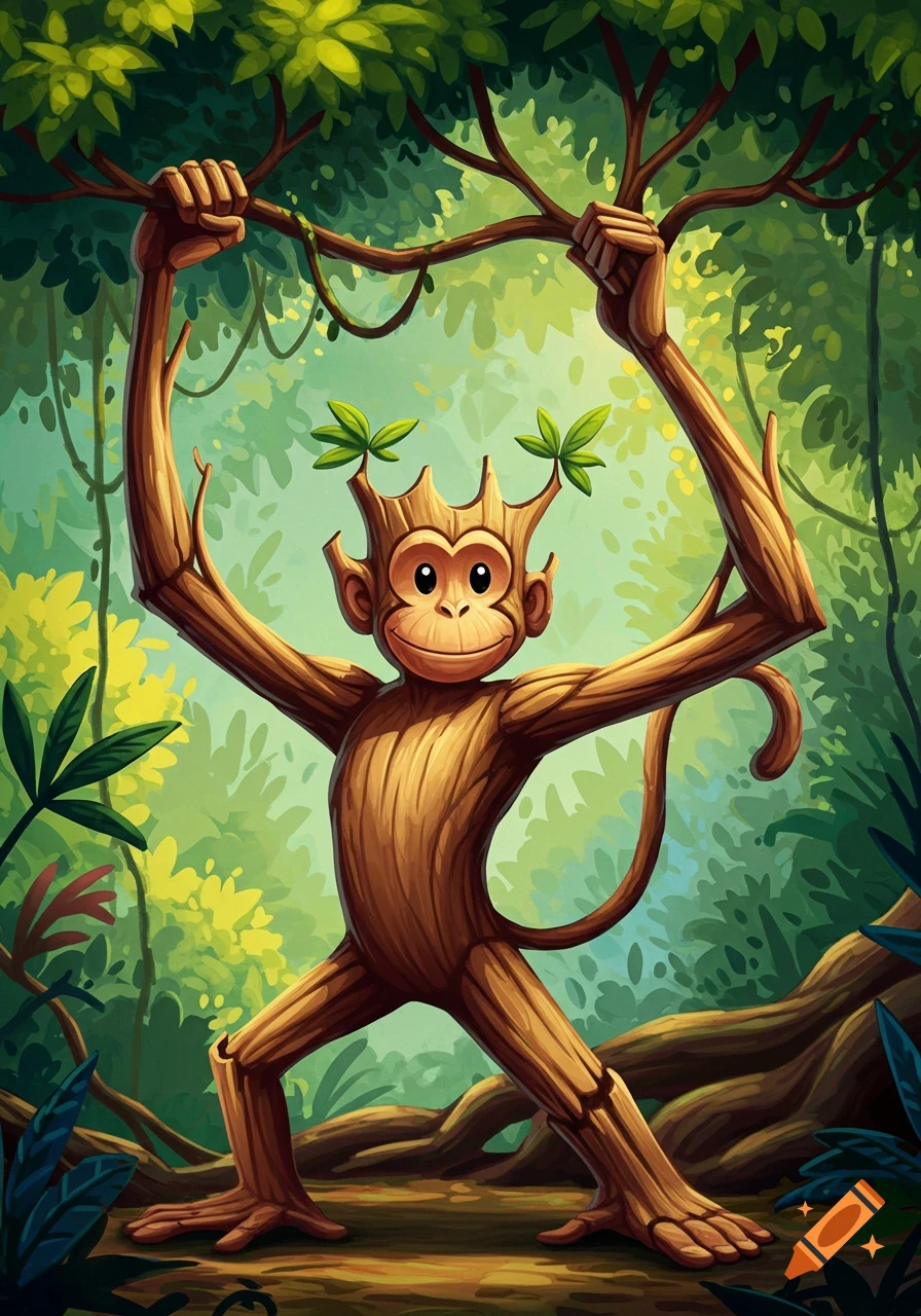 A cartoon wooden monkey-like creature hangs from a tree branch in a jungle.