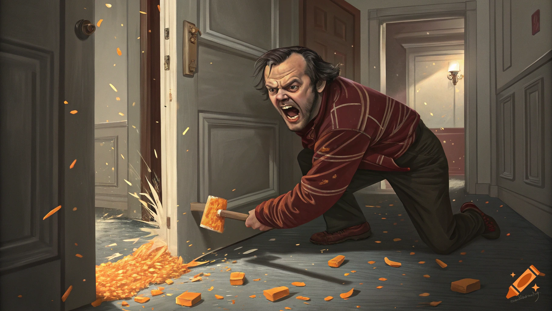 A man resembling Jack Nicholson chops through a door with an axe, sending orange debris flying.