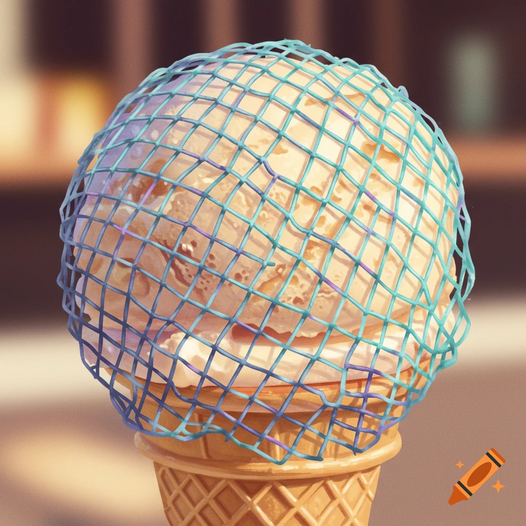 An ice cream cone covered in blue netting.