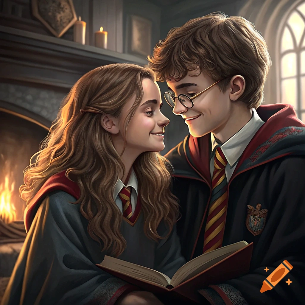 Harry Potter and Hermione Granger reading a book together by a fireplace