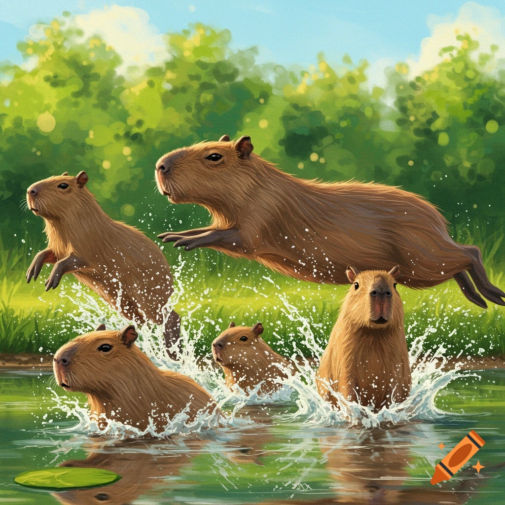 Capybaras splashing and jumping in water