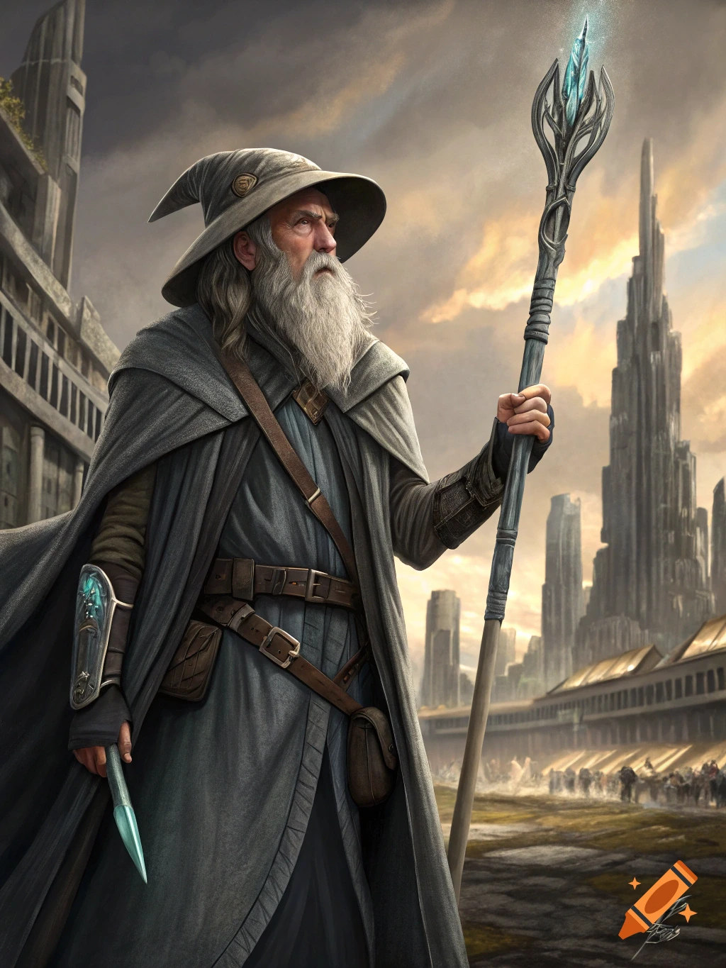 An old wizard with a long beard and grey robes stands before futuristic city buildings under a dramatic sky, holding a staff and dagger.
