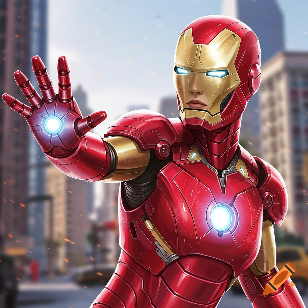 Iron Man extending a glowing hand in a city.