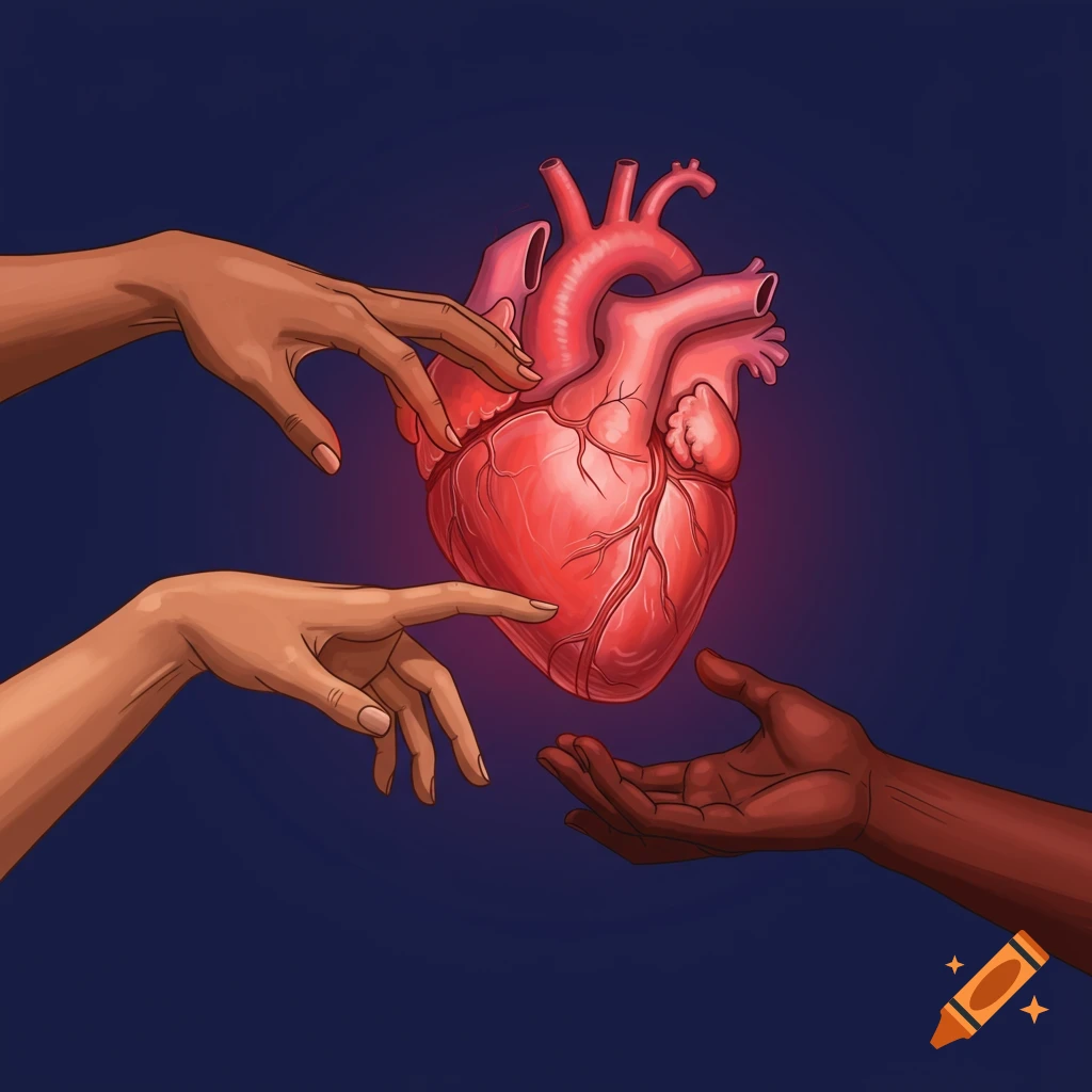 Three hands reach towards a red anatomical heart.