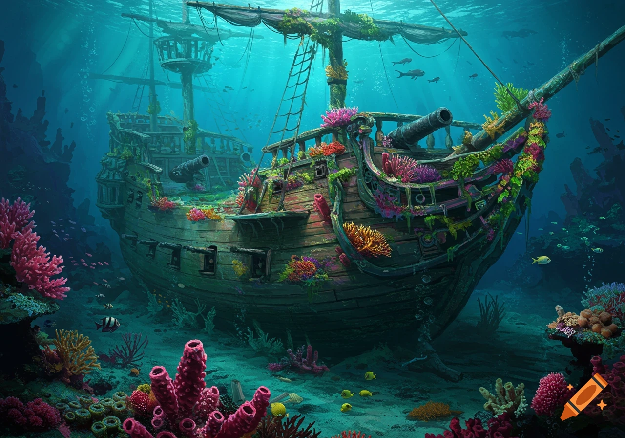 A sunken pirate ship rests on the ocean floor, covered in colorful coral and surrounded by marine life.