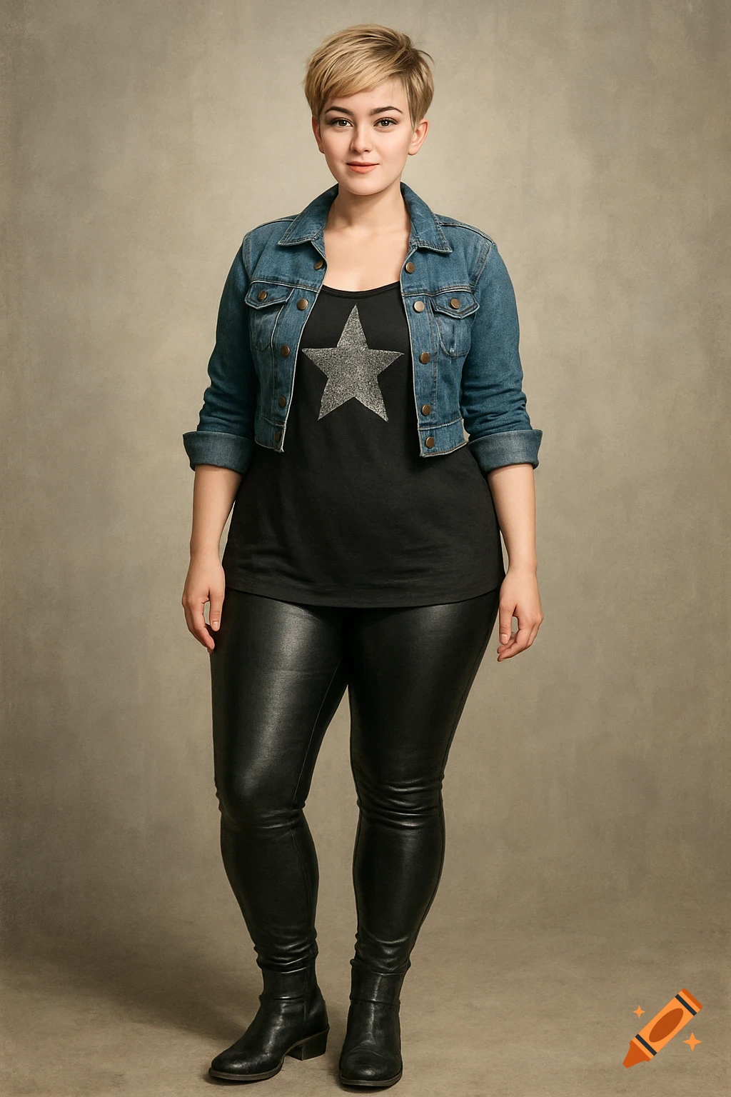 Woman with short blonde hair in denim jacket, star tank top, leather leggings, and boots