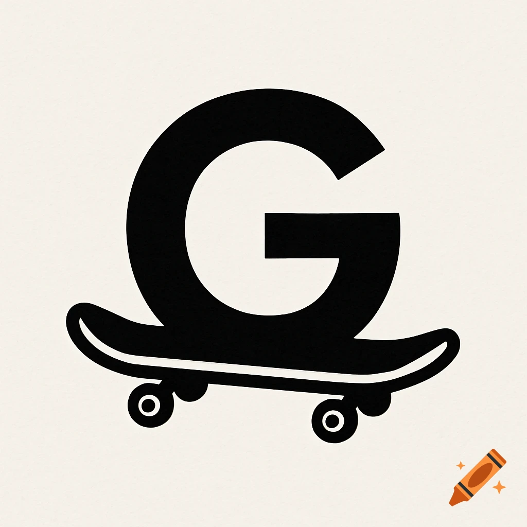 Black logo combining the letter G and a skateboard on an off-white background.