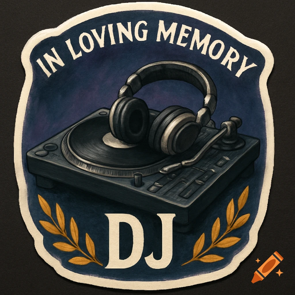 An In Loving Memory badge for a DJ featuring a turntable and headphones.