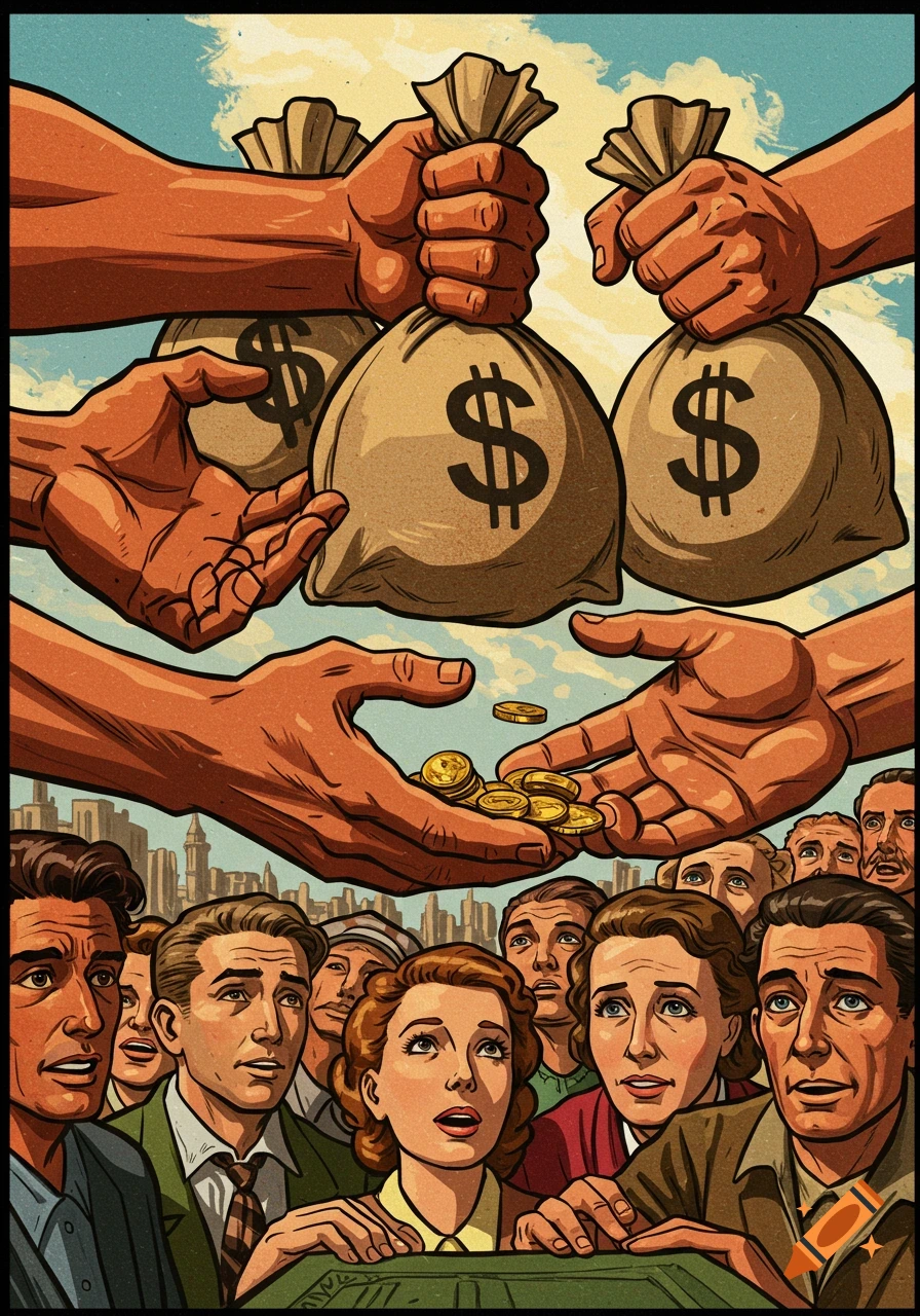 Vintage illustration of large hands giving money bags and coins to a crowd of people in a cityscape.