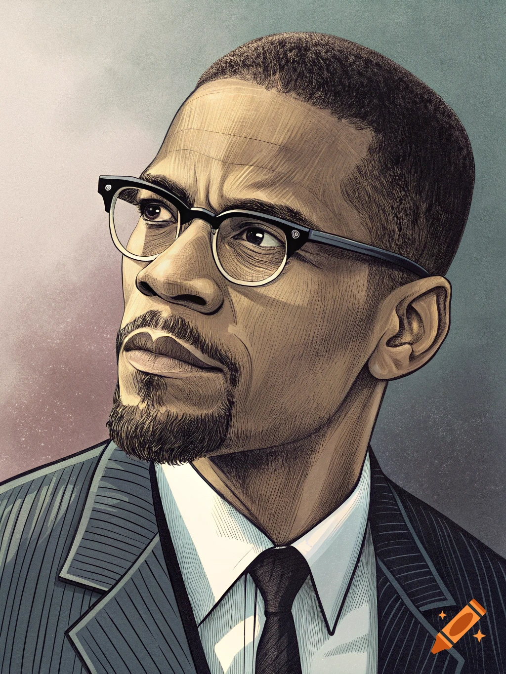 Illustration of a man wearing glasses, a suit, and a tie, looking upward.