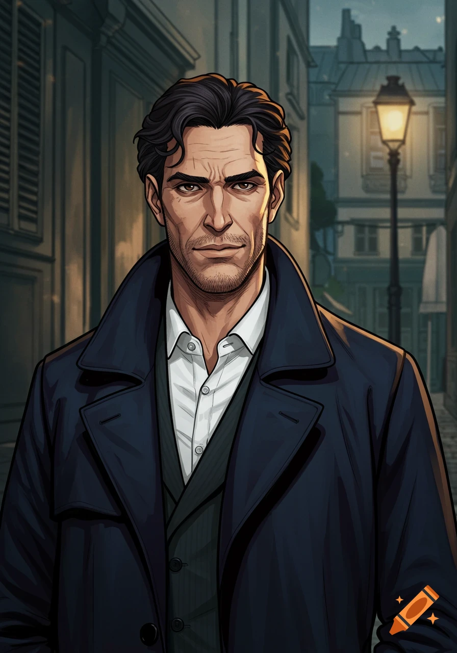 A man in a dark coat stands in an alley at night.